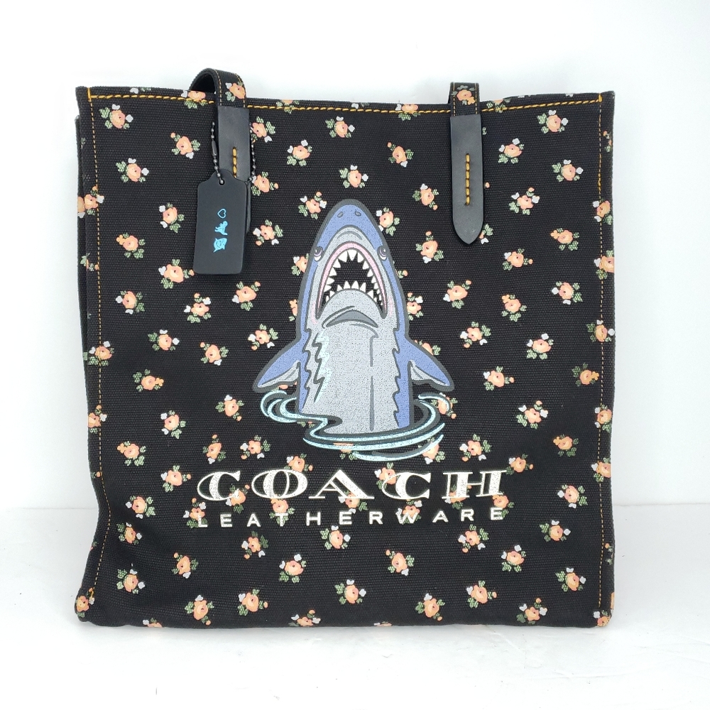 NWT Coach Sharky Tote Black Floral Canvas Bag
